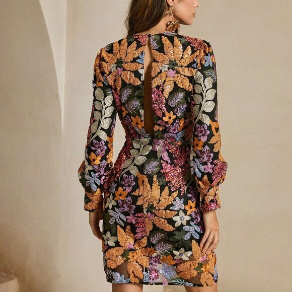 Black Elegant Women's Sequin Embroidered Print Long Sleeve Short Dress - Picture 2 of 7